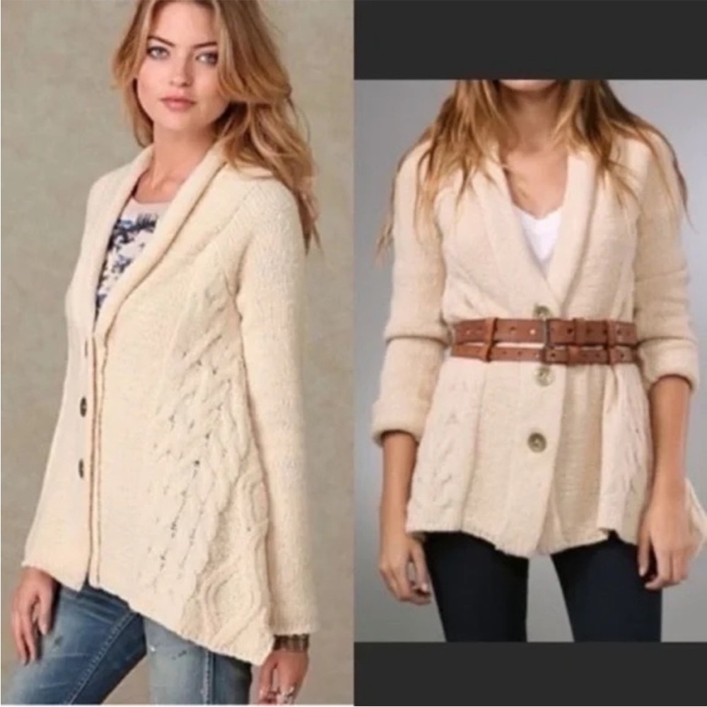 Free People Far Away Wool Blend Cable Knit Cardigan size medium color cream